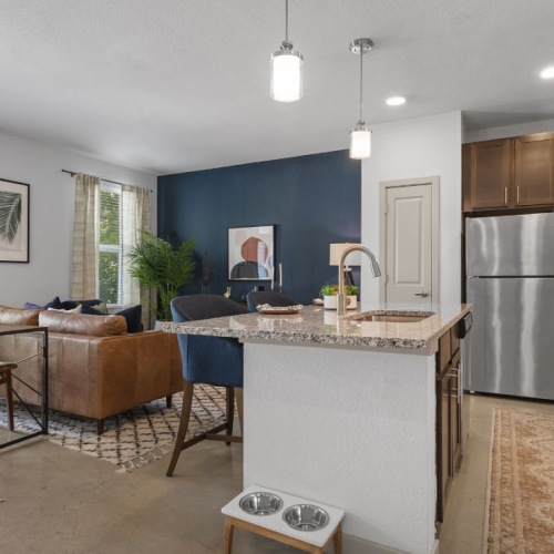 kitchen with brown cabinets and island