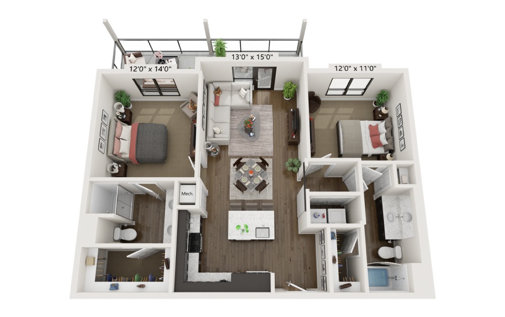 B2C ALT - 2 bedroom floorplan layout with 2 baths and 1142 square feet.